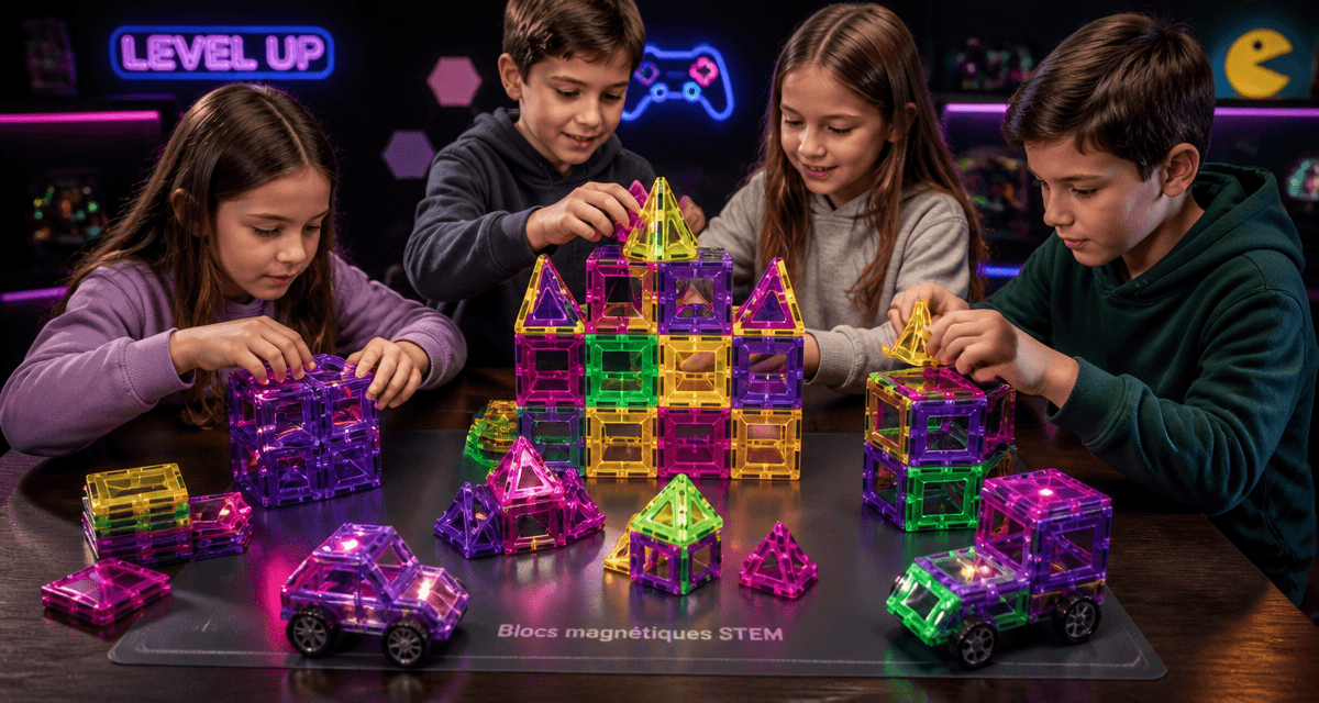 Enfants jouant avec bloc construction magnétique coloré