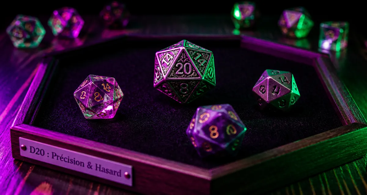 d20 équilibré sur piste de lancer feutrine