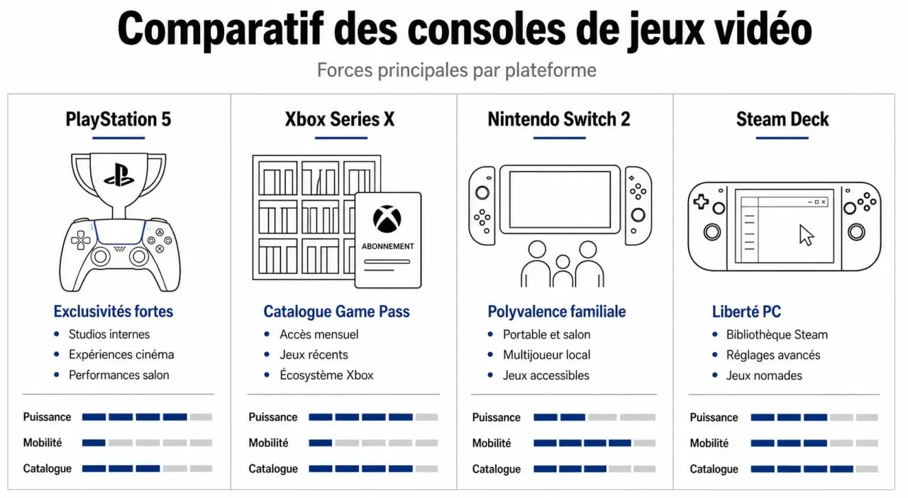 Infographie comparative des meilleures consoles de jeux vidéo 2026 pour choisir sa plateforme