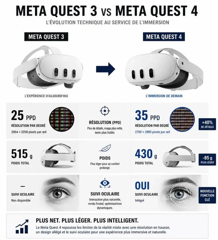 Infographie comparative des caractéristiques techniques entre le Meta Quest 3 et le futur Meta Quest 4