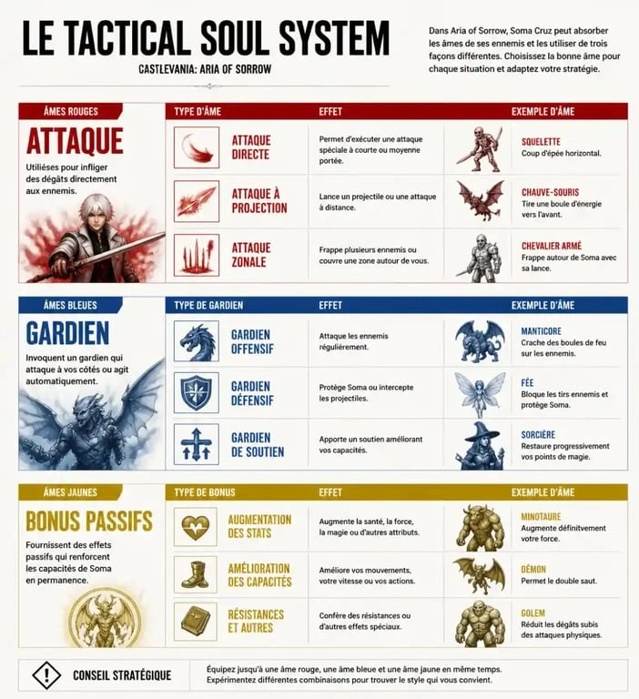 Infographie du Tactical Soul System dans Castlevania: Aria of Sorrow expliquant les types d'âmes
