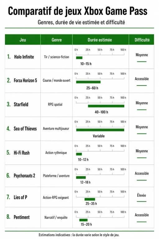 Infographie comparative des meilleurs jeux Xbox Game Pass par genre et durée de vie.