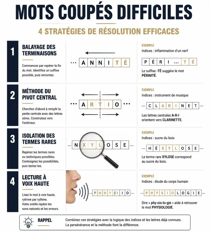 Infographie des stratégies pour résoudre des grilles de mots coupés difficiles