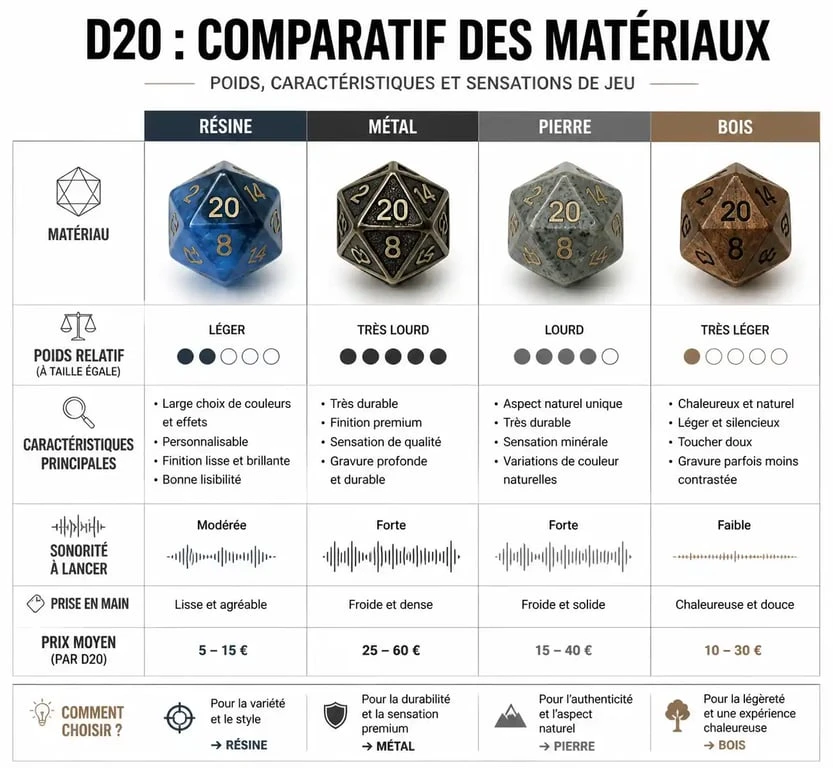 Comparatif des matériaux de dés D20 : résine, métal, pierre et bois pour le jeu de rôle