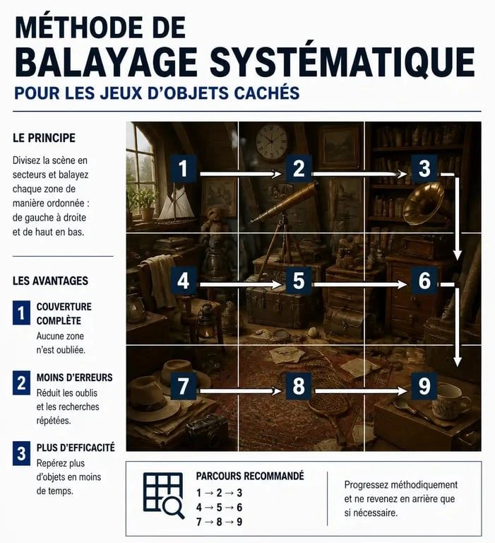 Infographie illustrant la technique de balayage systématique pour réussir aux jeux d'objets cachés gratuits en français