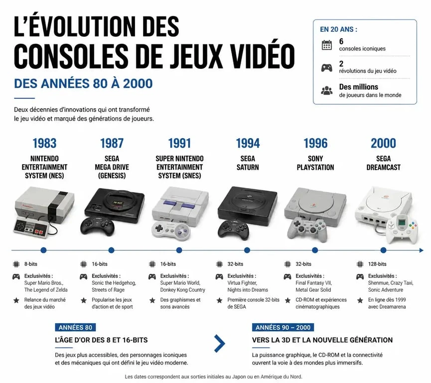 Infographie sur l'évolution des consoles et jeux vidéo d'enfance emblématiques