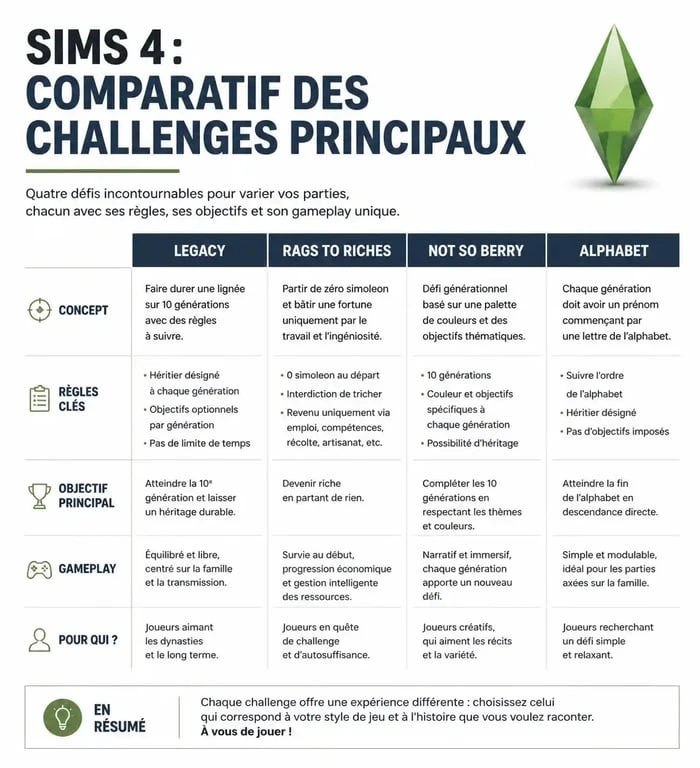 Tableau comparatif des meilleurs challenges Sims 4 pour varier son gameplay
