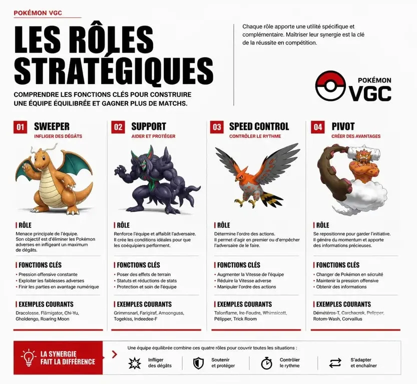 Infographie des rôles stratégiques en Pokémon VGC : Sweeper, Support, Speed Control et Pivot pour le compétitif.