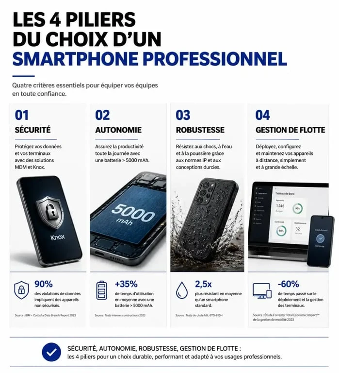 Infographie des critères de choix pour un smartphone professionnel : sécurité, autonomie, robustesse et gestion de flotte.