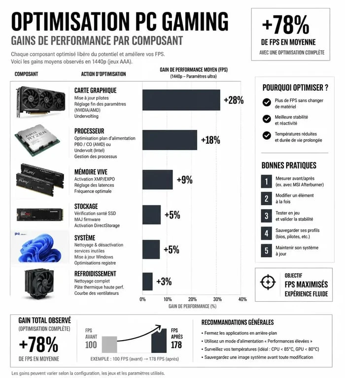 Infographie récapitulative des optimisations Windows 11 pour le gaming pour gagner des FPS