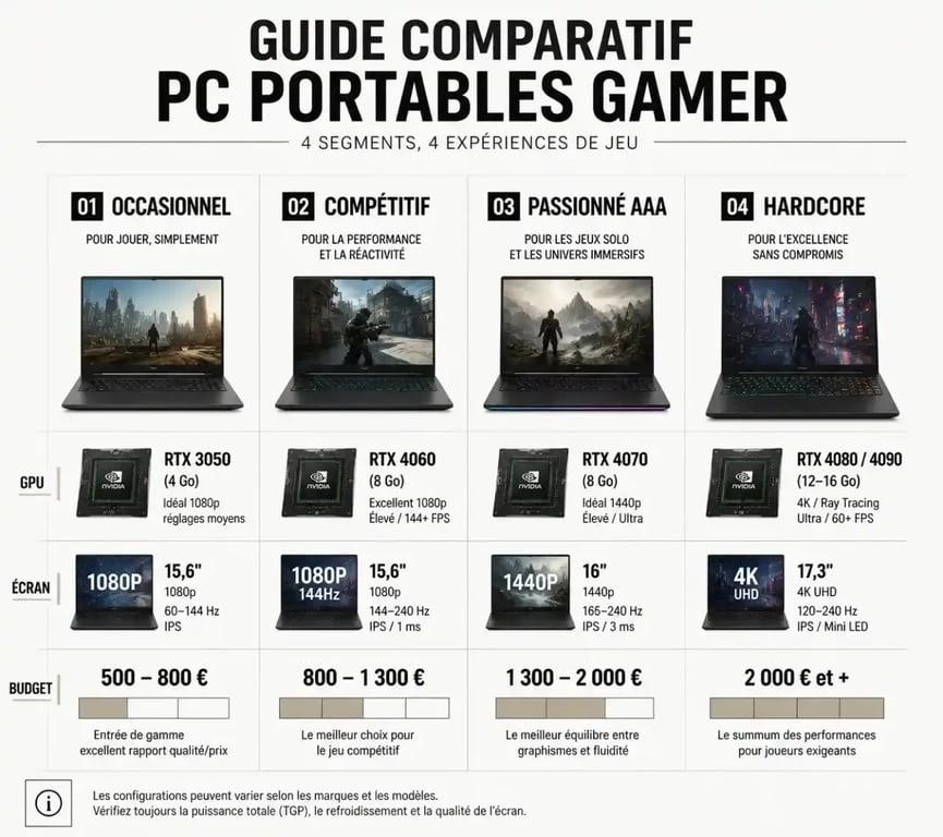 Infographie comparative des profils de PC gamer portable selon le budget et les performances