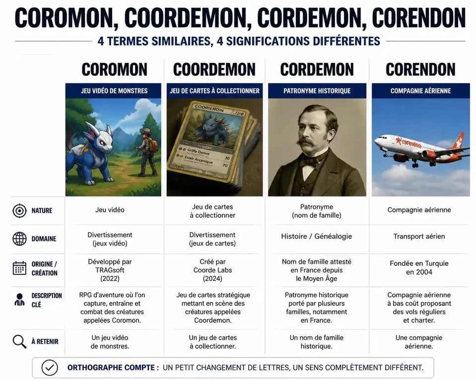 Infographie comparative pour distinguer les termes Coromon, Coordemon, Cordemon et Corendon.