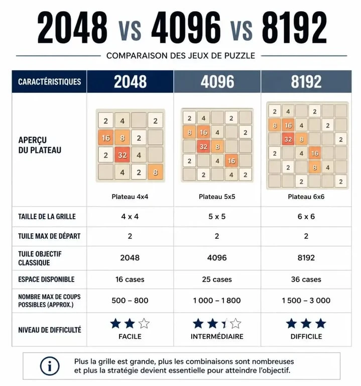 Infographie comparative des variantes du jeu 4096 : 2048, 4096 et 8192