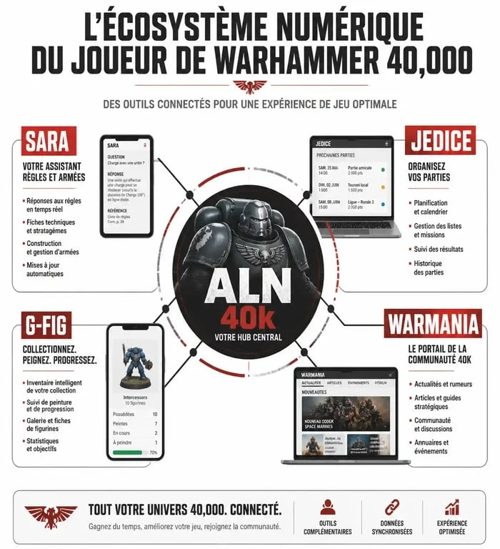 Infographie de l'écosystème ALN 40k pour la gestion d'armées Warhammer 40,000