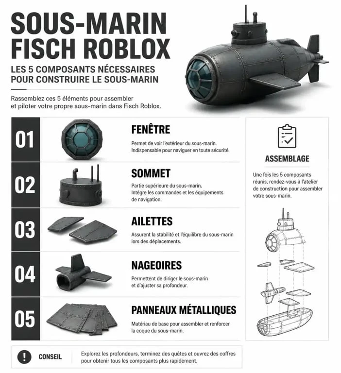 Infographie des 5 composants pour obtenir le sous-marin dans Fisch 2025