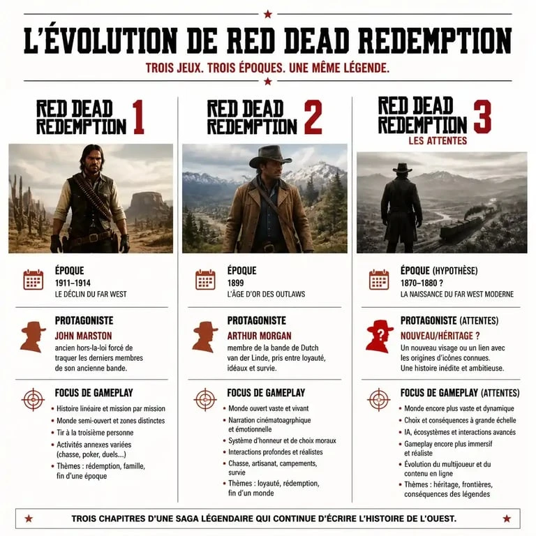 Infographie comparative de l'évolution de la saga Red Dead Redemption et attentes pour RDR3