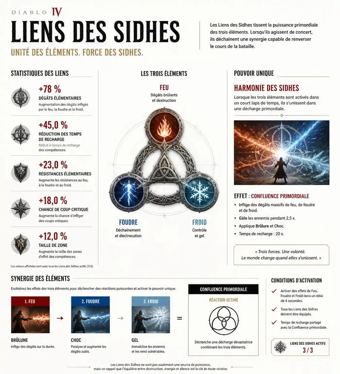 Infographie des statistiques et effets du pouvoir unique Liens des Sidhes dans Diablo 4
