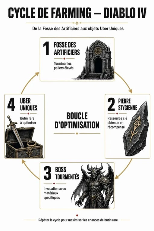 Infographie du cycle de farming et d'utilisation de la Pierre stygienne dans Diablo 4 pour obtenir des objets Uber Uniques