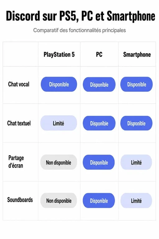 Tableau comparatif des fonctionnalités Discord sur PS5, PC et mobile pour comprendre les limites de l'intégration console.