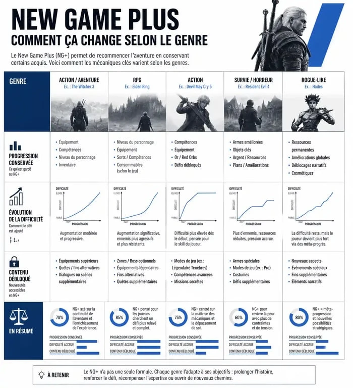 Infographie comparative des mécaniques de New Game Plus dans les jeux vidéo