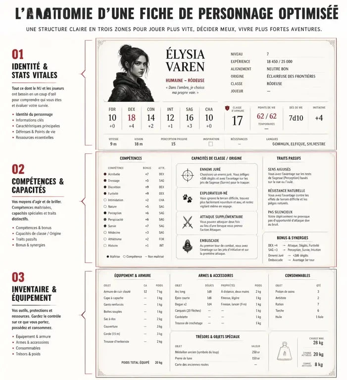 Schéma de la structure idéale d'une fiche perso JDR optimisée