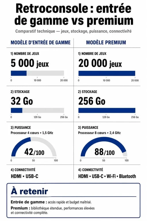 Infographie comparative des caractéristiques techniques des retroconsoles pour bien choisir son modèle.