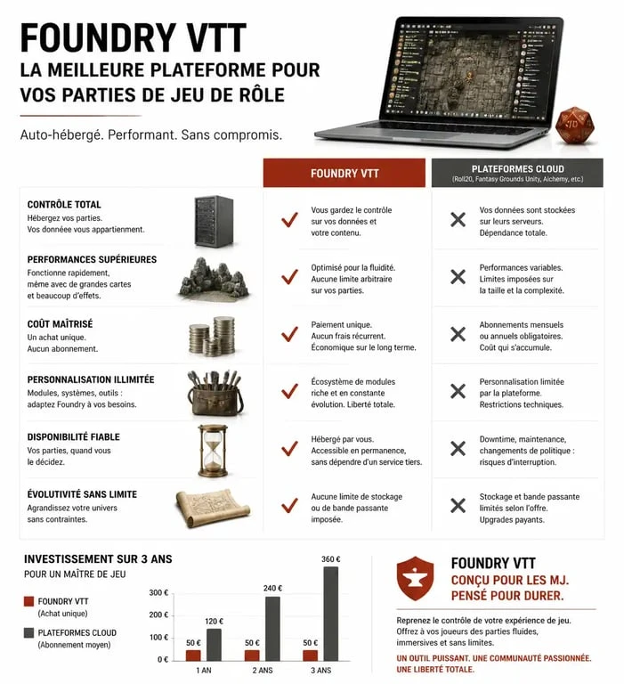 Infographie comparative Foundry VTT vs plateformes cloud pour le jeu de rôle en ligne
