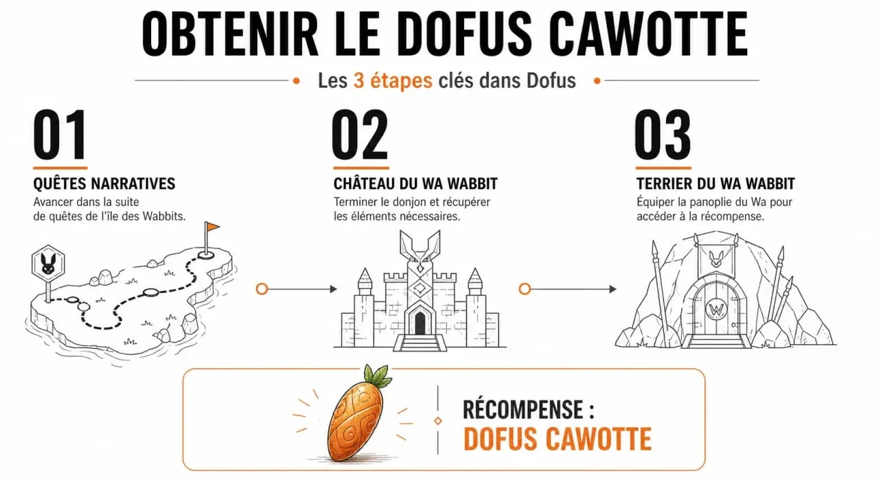 Infographie récapitulative des étapes pour obtenir le Dofus Cawotte dans le jeu Dofus