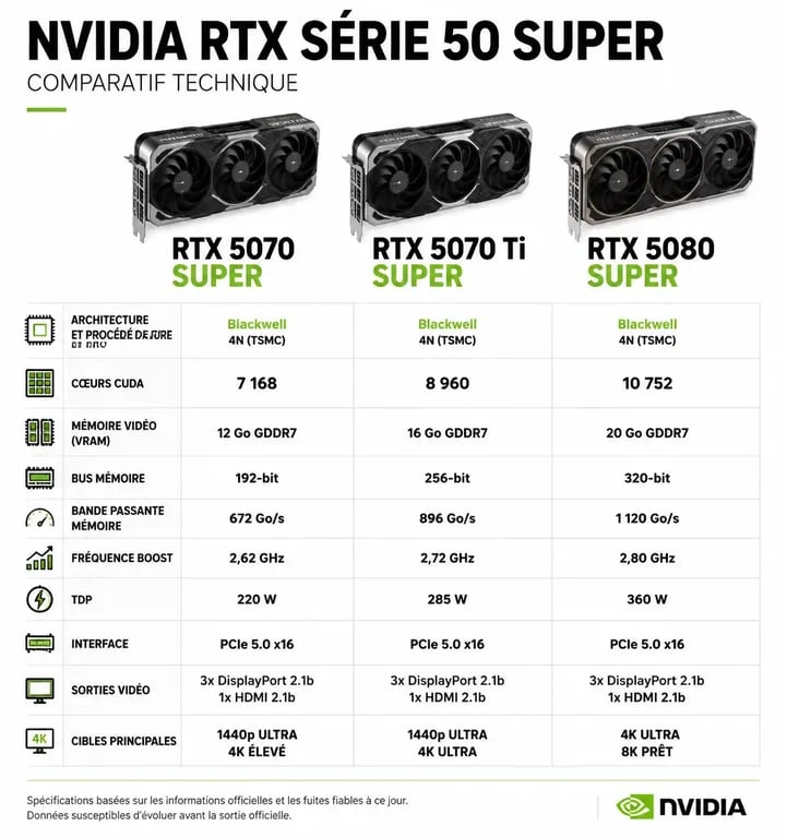 Comparatif technique des spécifications NVIDIA RTX 5070 Ti Super et autres modèles de la série 50
