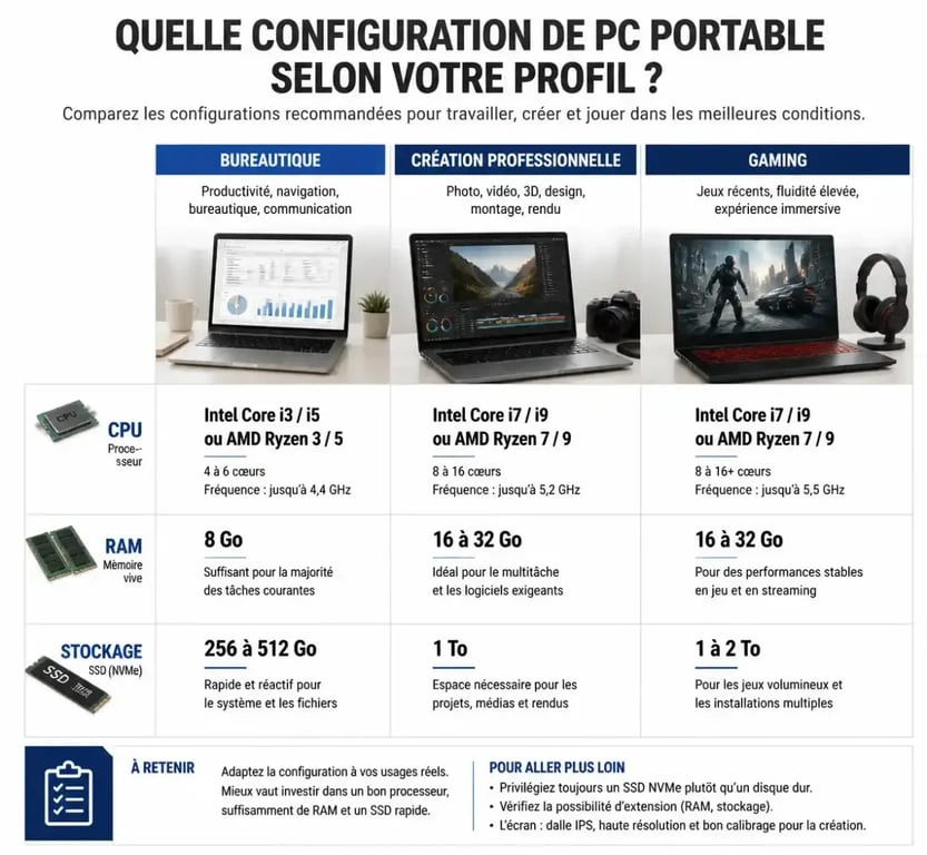 Infographie guide achat pc portable : comparaison des configurations techniques par profil utilisateur