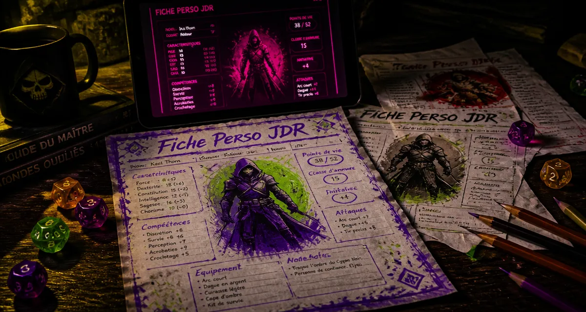 fiche perso jdr personnalisée avec dés et écran
