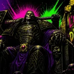 Horus Warhammer en armure noire style pop art sur fond urbain