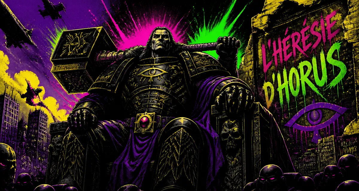 Horus Warhammer en armure noire style pop art sur fond urbain