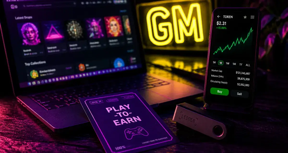 Jeux play-to-earn : portefeuille, marketplace NFT et graphe de jetons