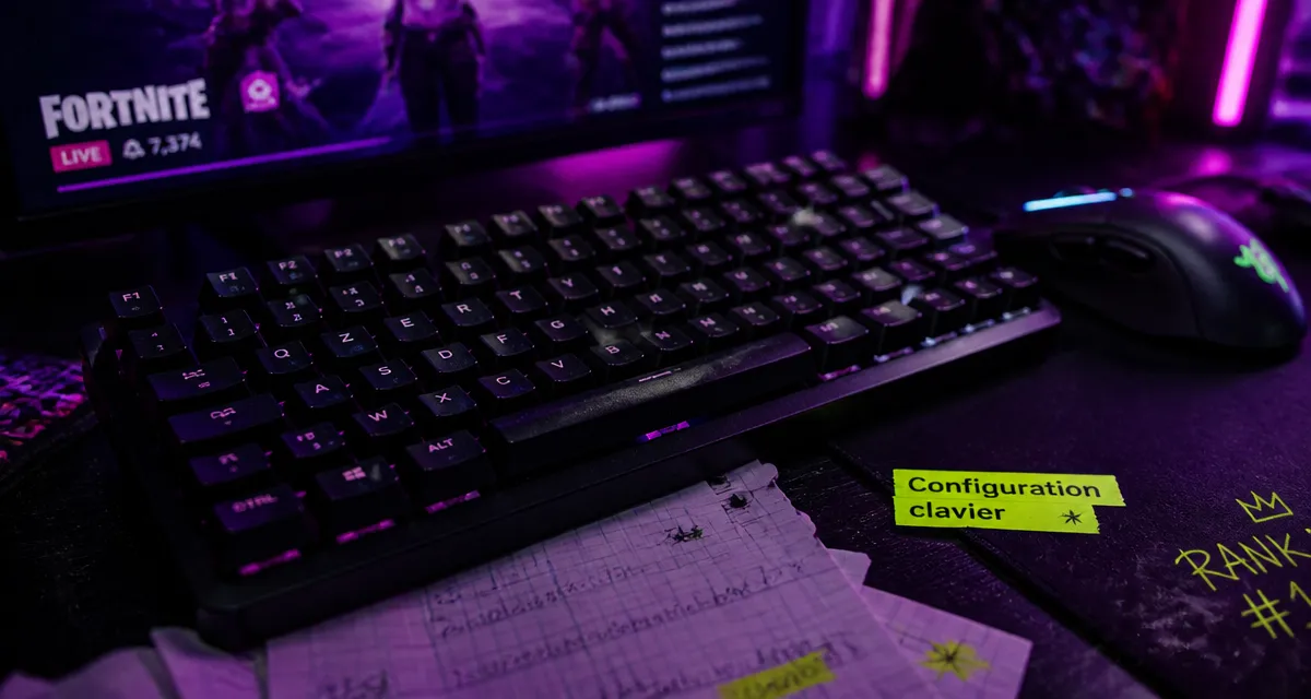 Meilleur touches clavier souris Fortnite, clavier mécanique et souris sur bureau