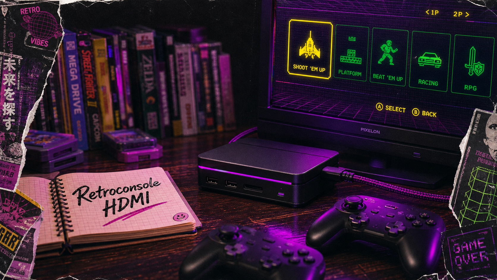 retroconsole HDMI et manettes sans fil sur écran