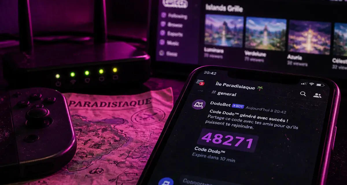 Treasure Island Animal Crossing dodo code : écran Discord avec code Dodo violet