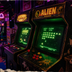 Arcadland : salle d’arcade rétro, néons violet et bornes CRT