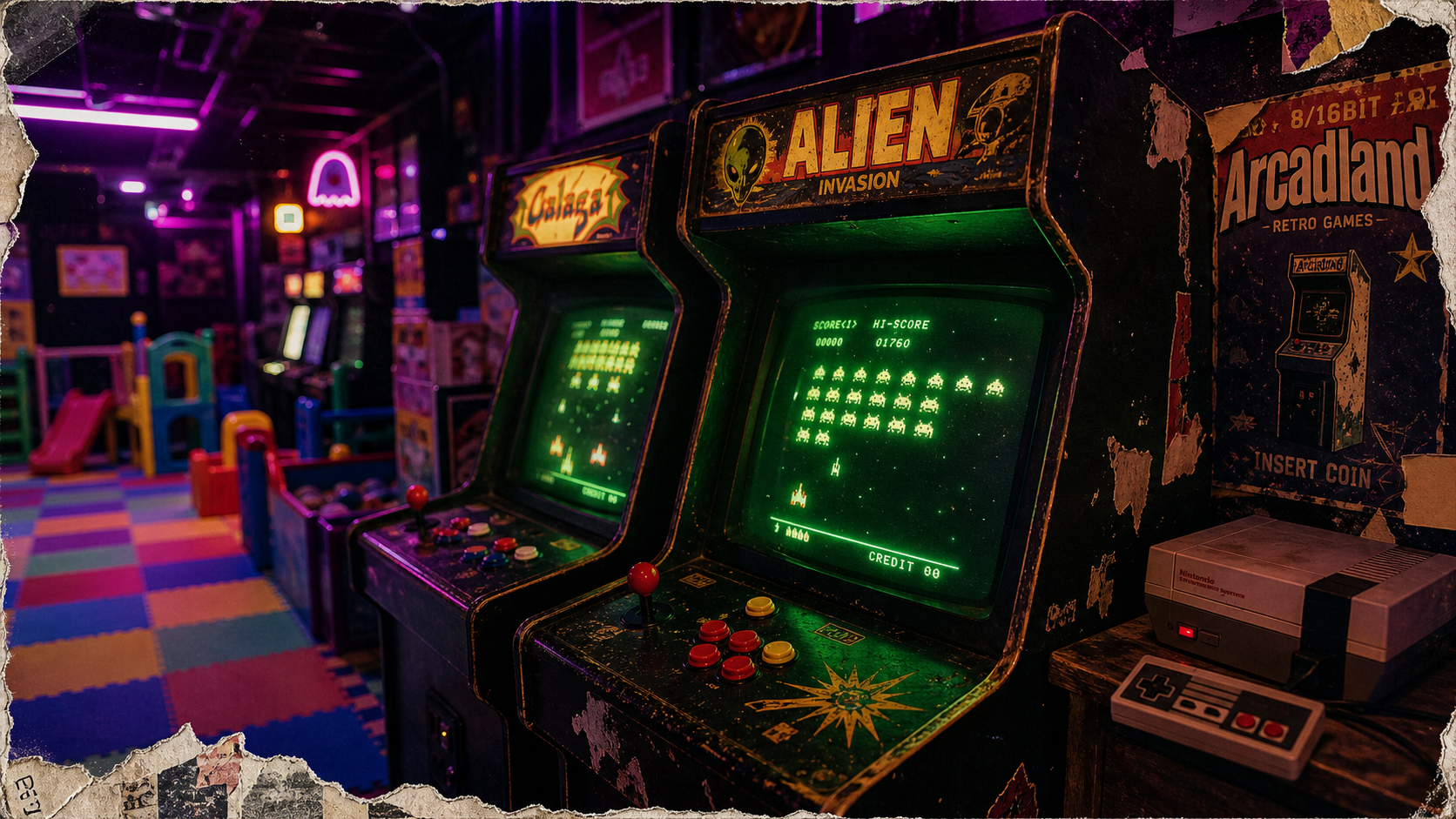 Arcadland : salle d’arcade rétro, néons violet et bornes CRT