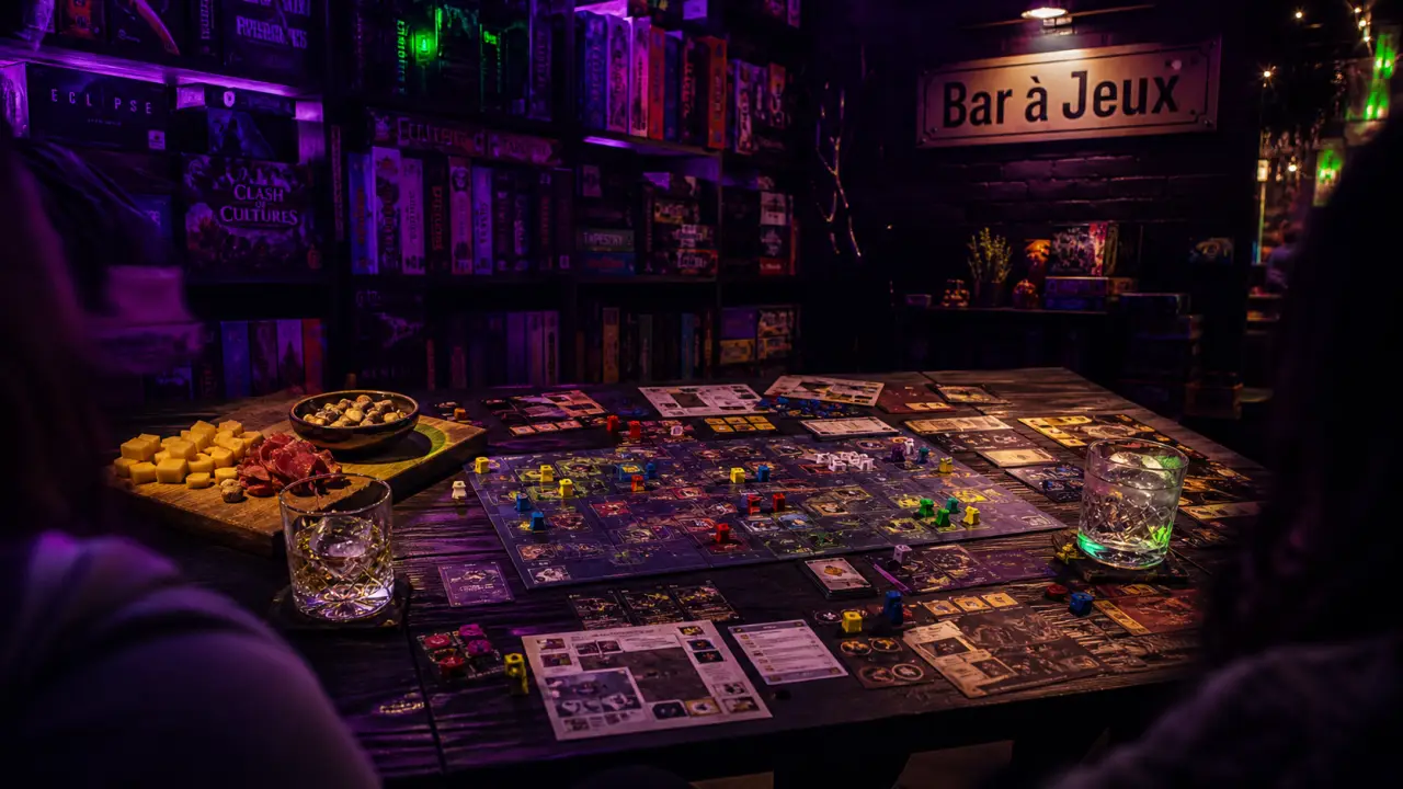 Bar à jeux : table avec cartes et ambiance