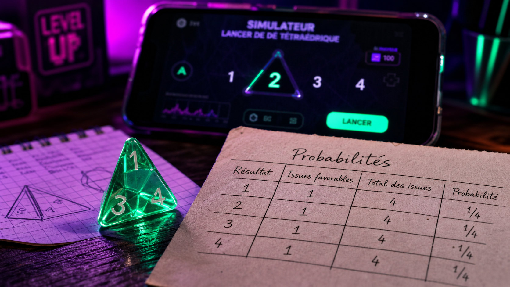 Dé 4 et probabilités, lancer simulé sur téléphone