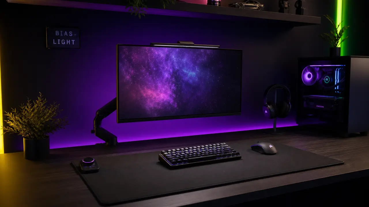 Déco bureau gaming sans câbles visibles et RGB discret, biais lighting violet et setup propre