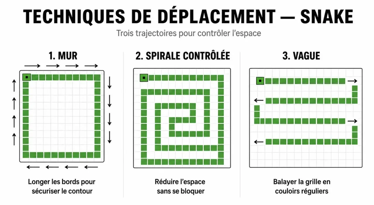 Infographie des meilleures techniques pour progresser au jeu Snake Google et battre son record
