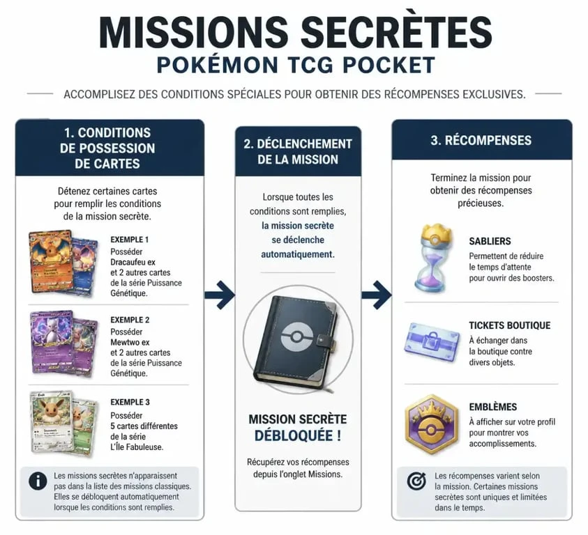 Infographie explicative des missions secrètes dans Pokémon TCG Pocket et leurs récompenses
