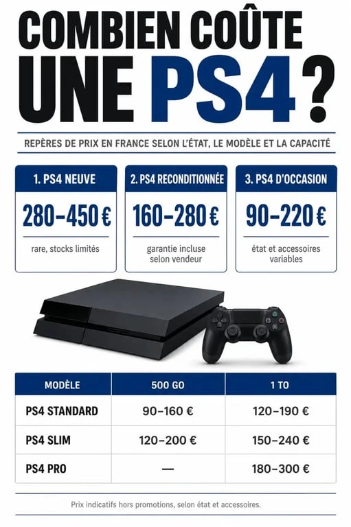 Infographie sur combien coute la ps4 avec les prix du neuf, de l'occasion et du reconditionné