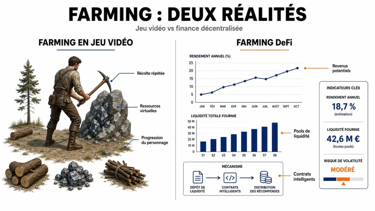 Infographie comparative entre le farming dans les jeux vidéo et le yield farming en finance décentralisée