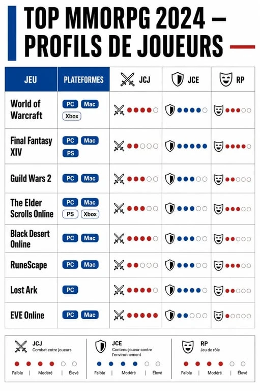 Infographie comparative des meilleurs MMORPG 2024 par plateforme et style de jeu