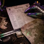 Jeu de role pendragon : fiche de personnage, lignages et serments sur parchemin