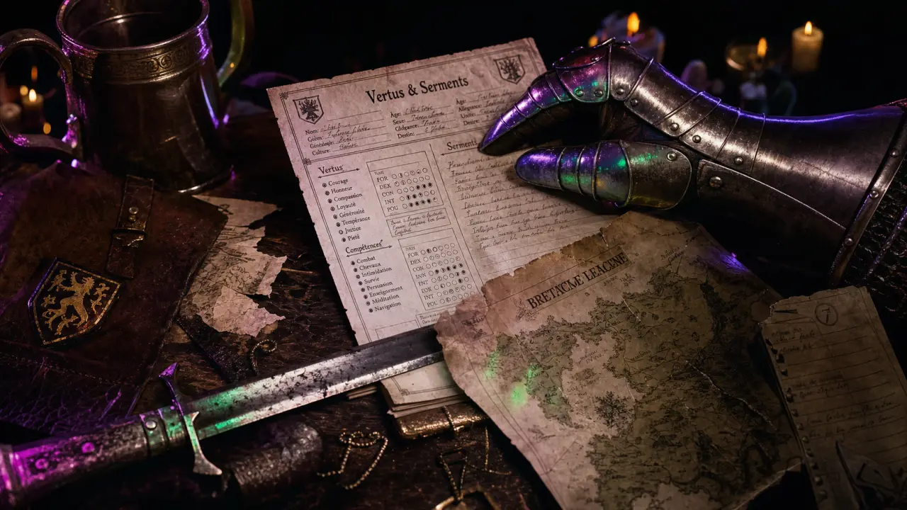 Jeu de role pendragon : fiche de personnage, lignages et serments sur parchemin