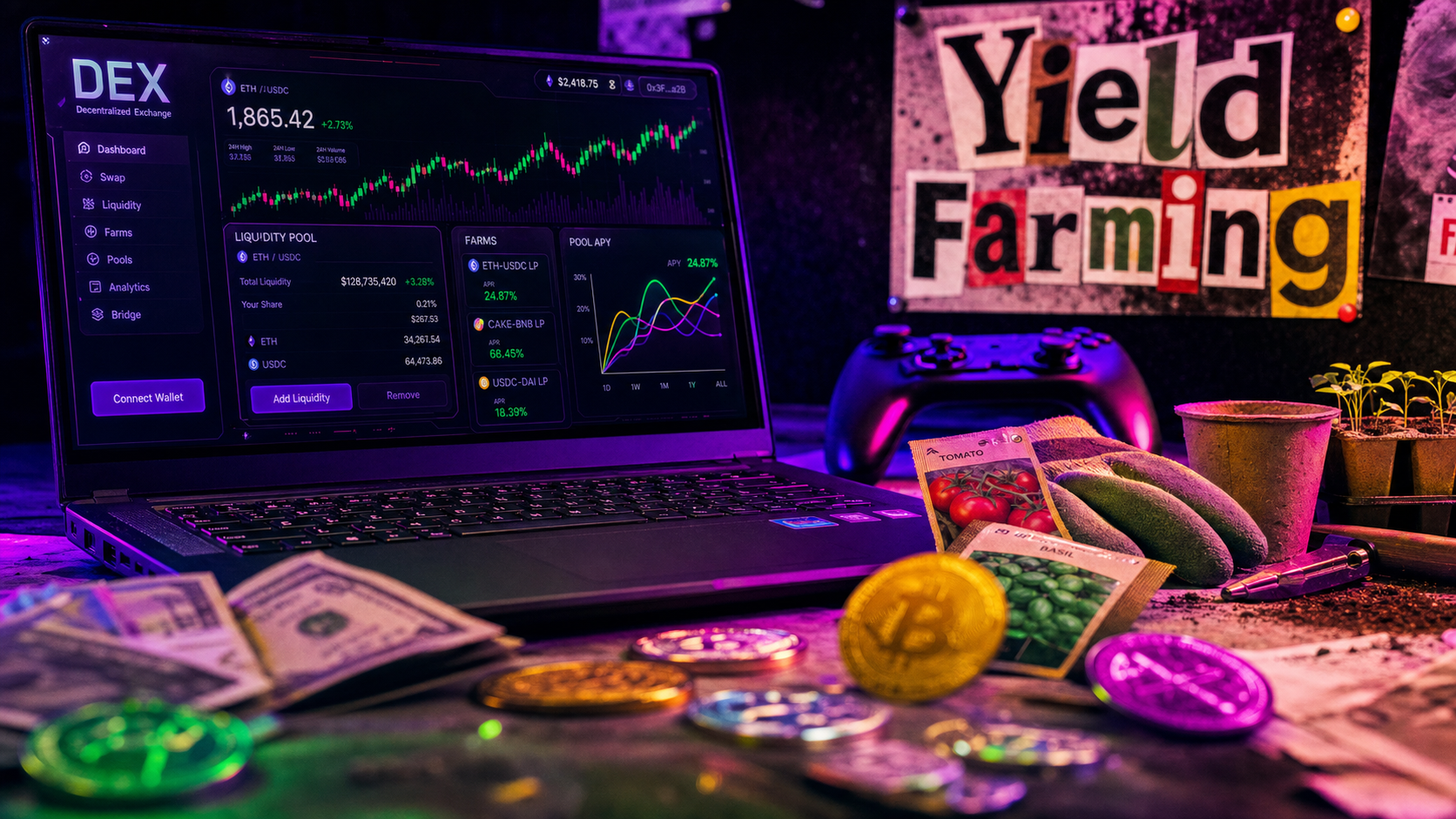 Le farming : Yield Farming sur écran PC, graphiques et pool de liquidité